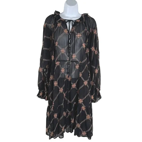 Johnny Was Jackie Mini Dress Large Black Sheer Embroidered Boho Rayon DR-1817 - Picture 1 of 9